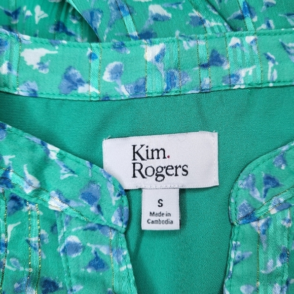 Kim Rogers Top Green Blue White Floral 3/4  Sleeve Pleated Button Front Size S - Picture 8 of 9